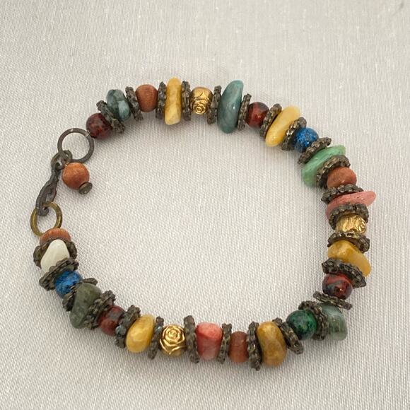 Artisan Bracelet Multicolor Irregular Shaped Stones With Bronze Rondelles - Picture 6 of 10